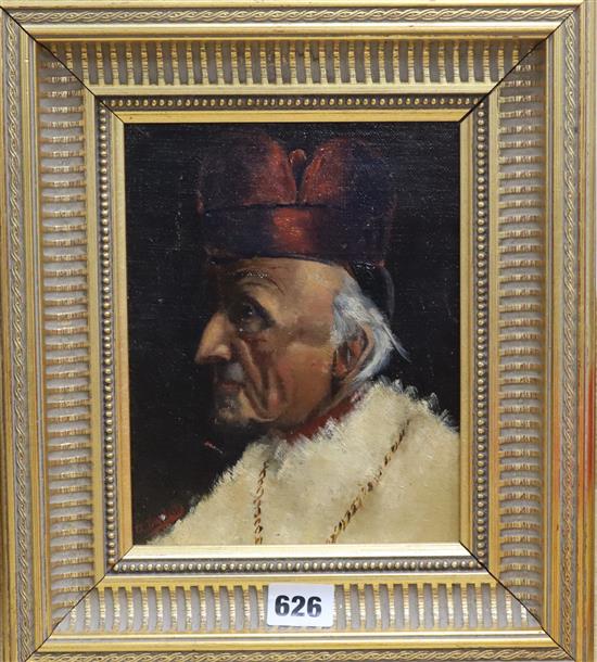 L A Burdett, The Cardinal, oil on canvas board, 20 x 16cm and Continental School (20th century), oil on canvas, Still life, indistinctl